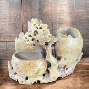 Antique Oriental Soapstone Hand Carved Decorative Trinket Holder Dish Heavy VTG
